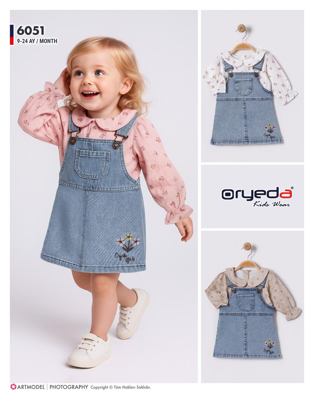 KIZ ÇİÇEK NAKIŞLI GÖMLEKLİ KOT JİLE 9-24 AY