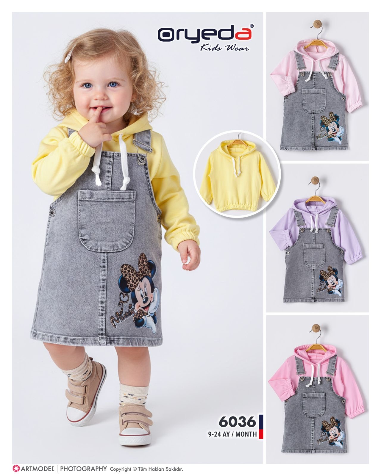 KIZ MİCKY BASKILI RENKLİ BADİLİ KOT JİLE 9-24 AY