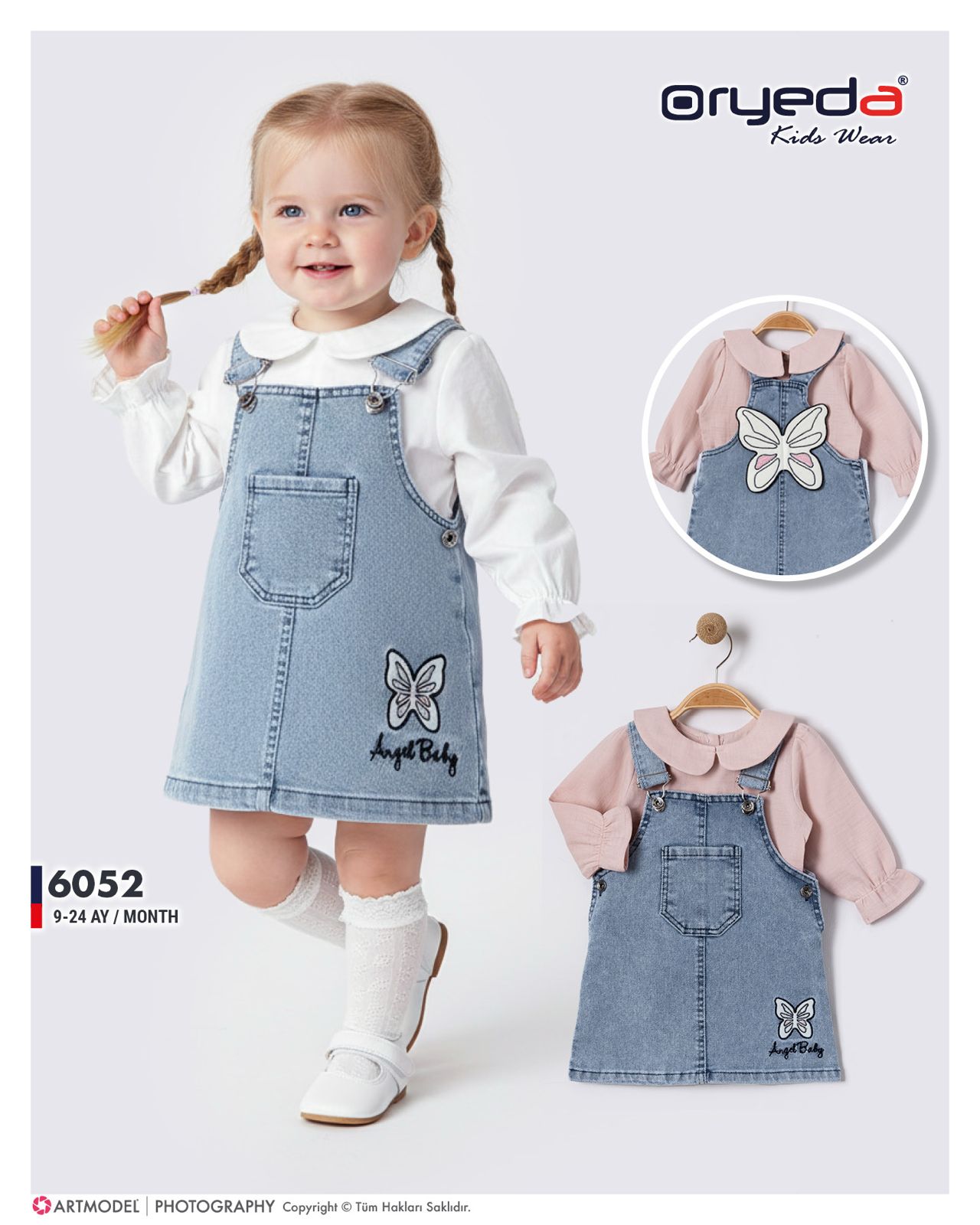 KIZ KELEBEK NAKIŞLI GÖMLEKLİ KOT JİLE 9-24 AY