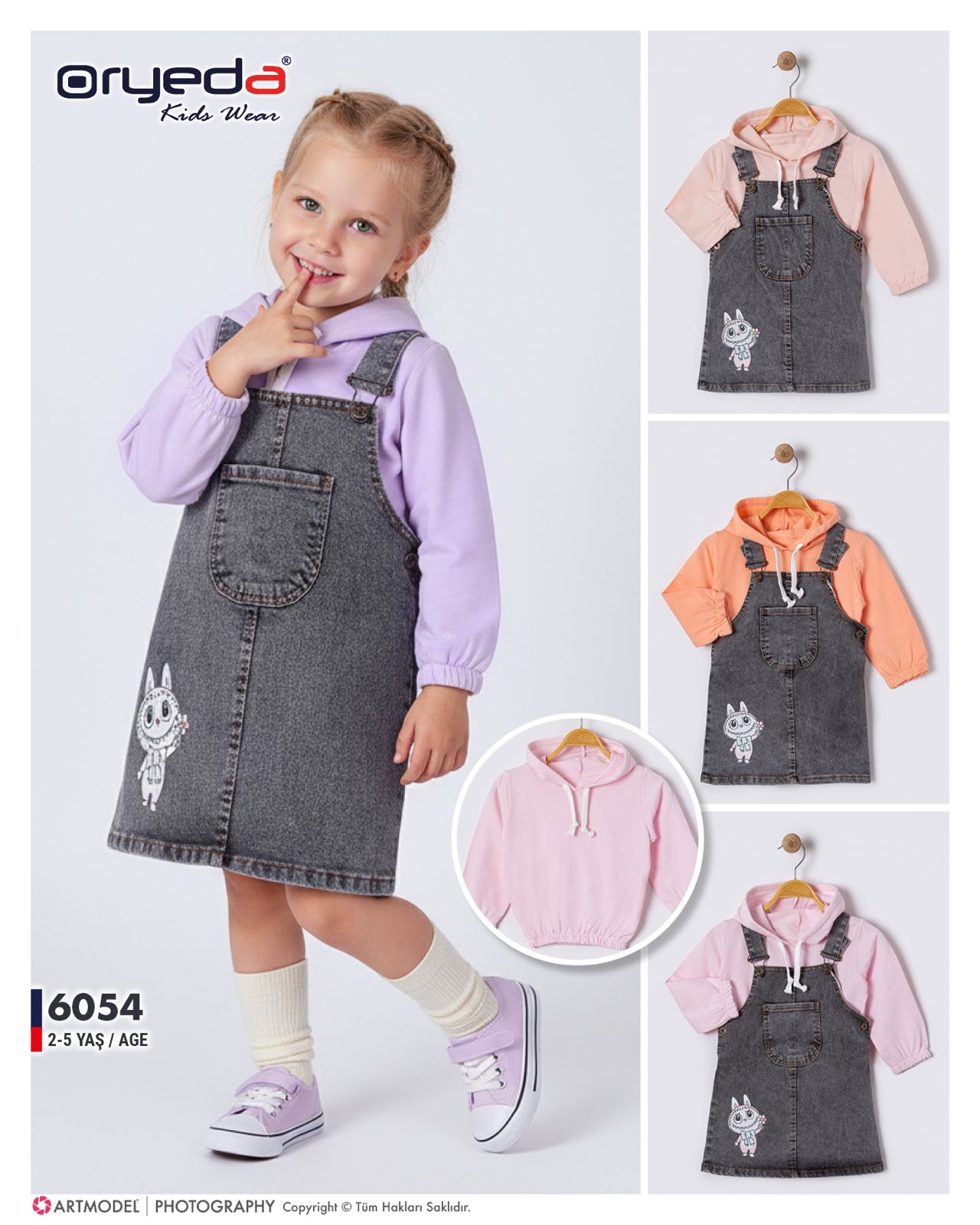 6054-KIZ BASKILI RENKLİ BADİLİ KOT JİLE 2-5 YAŞ