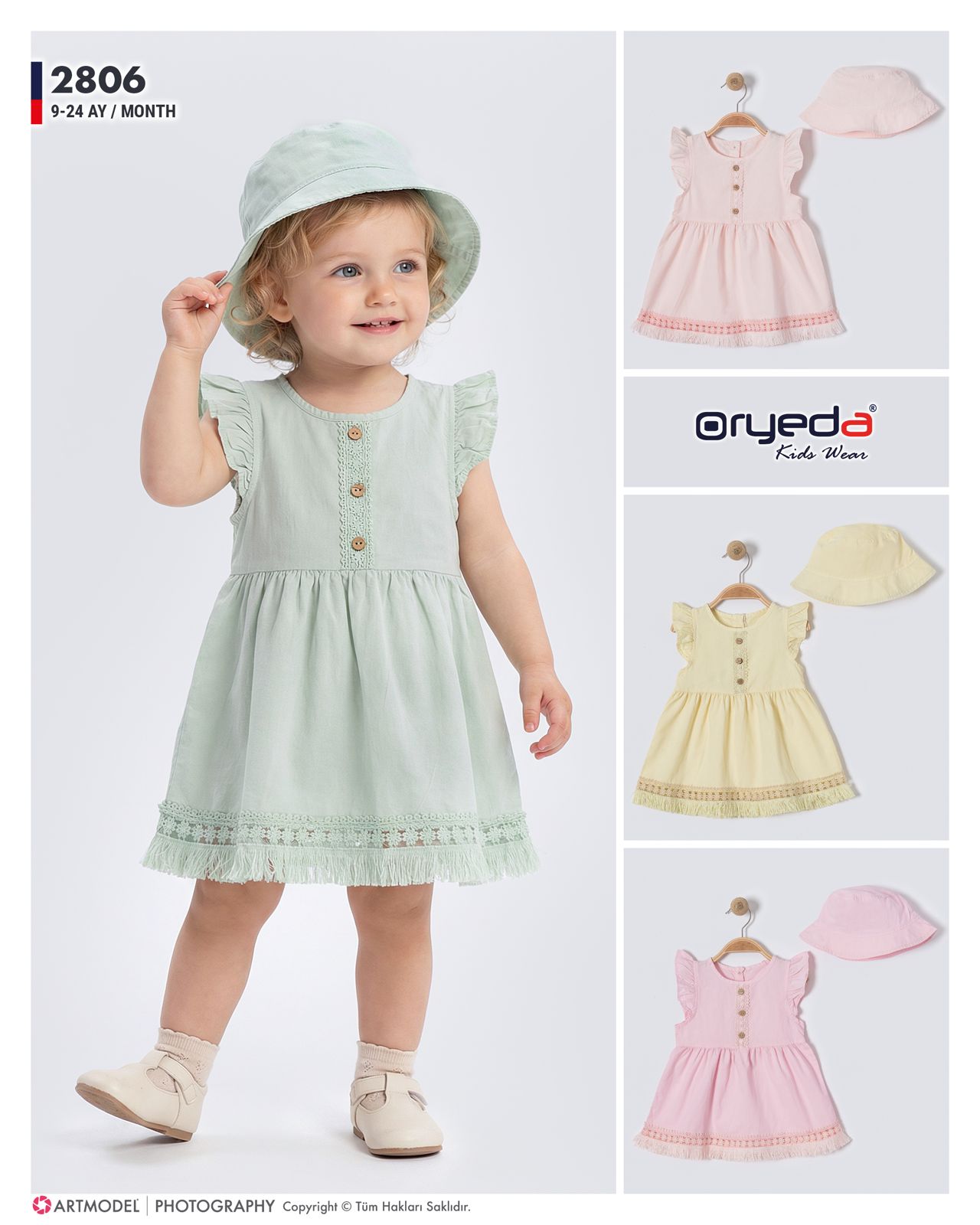 2806-KIZ ŞAPKALI DANTELLİ RENKLİ ELBİSE 9-24 AY