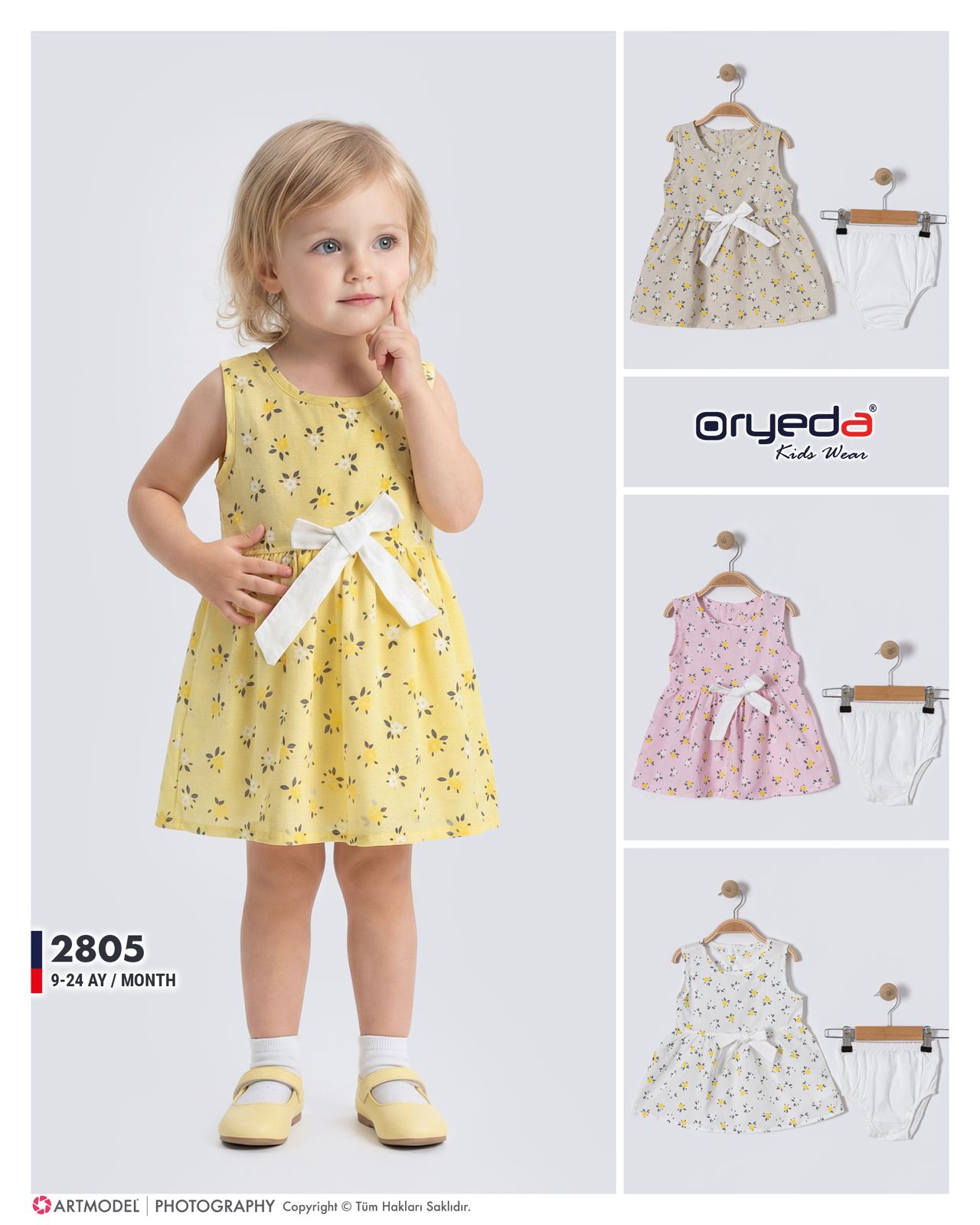 2805-KIZ ÇAMAŞIRLI ÇİÇEK DESENLİ ELBİSE 9-24 AY