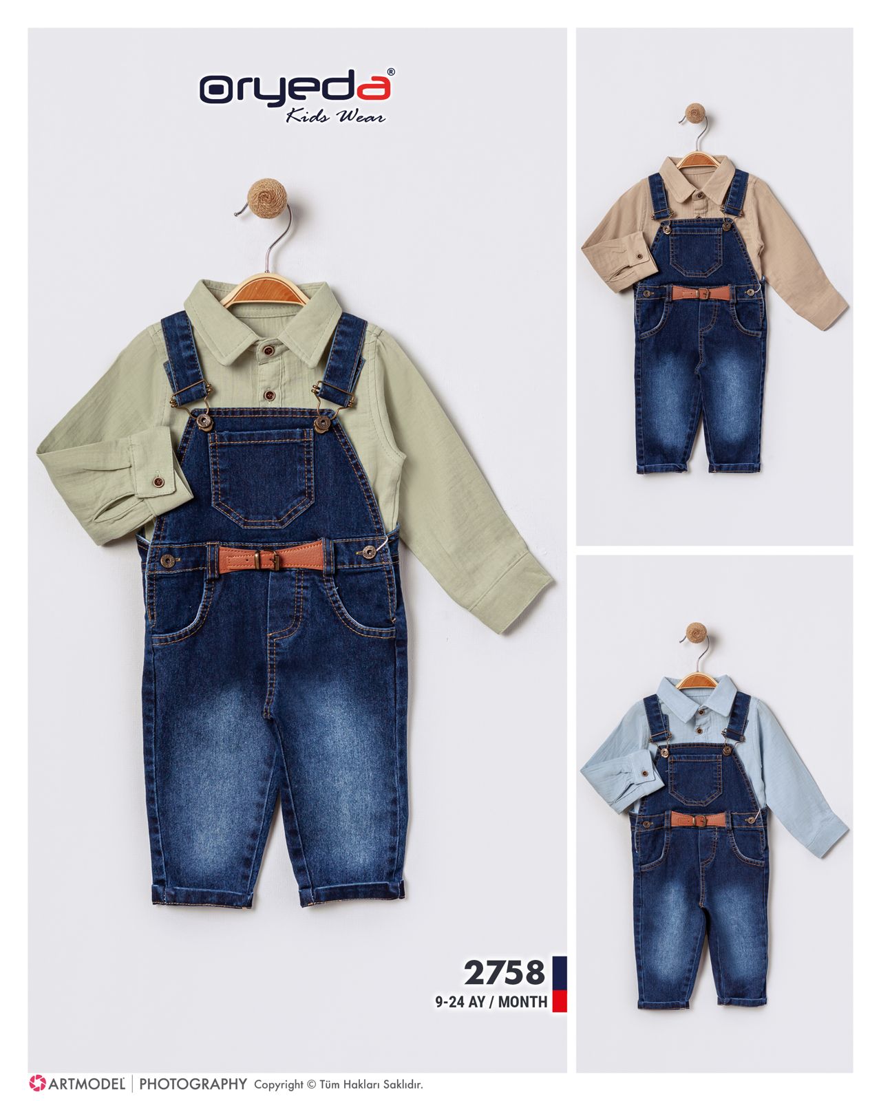 2758-ERKEK GÖMLEKLİ KEMERLİ KOT SLOPET 9-24 AY