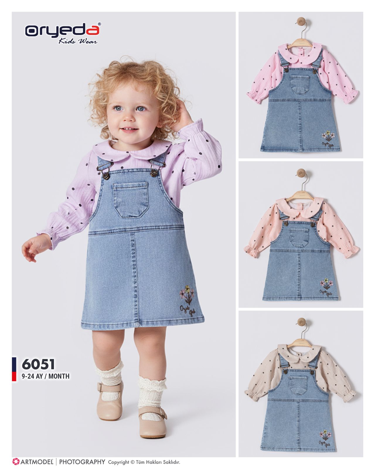 6051-KIZ ÇİÇEK BASKILI GÖMLEKLİ KOT JİLE 9-24 AY